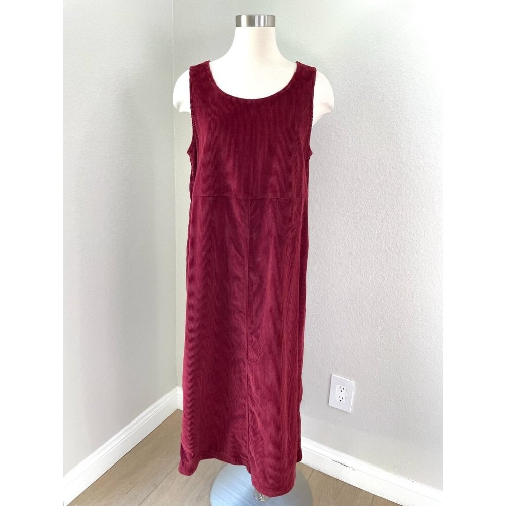 Vintage L.L. Bean Womens 10 Petite Corduroy Dress Burgundy Sleeveless Midi‎